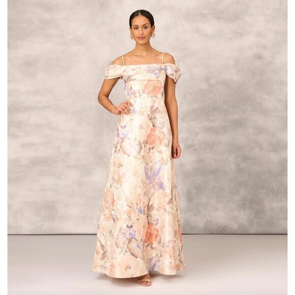 Aidan Mattox Floral Jacquard Off Shoulder Gown Ivory Womens Size 6 - Picture 1 of 11